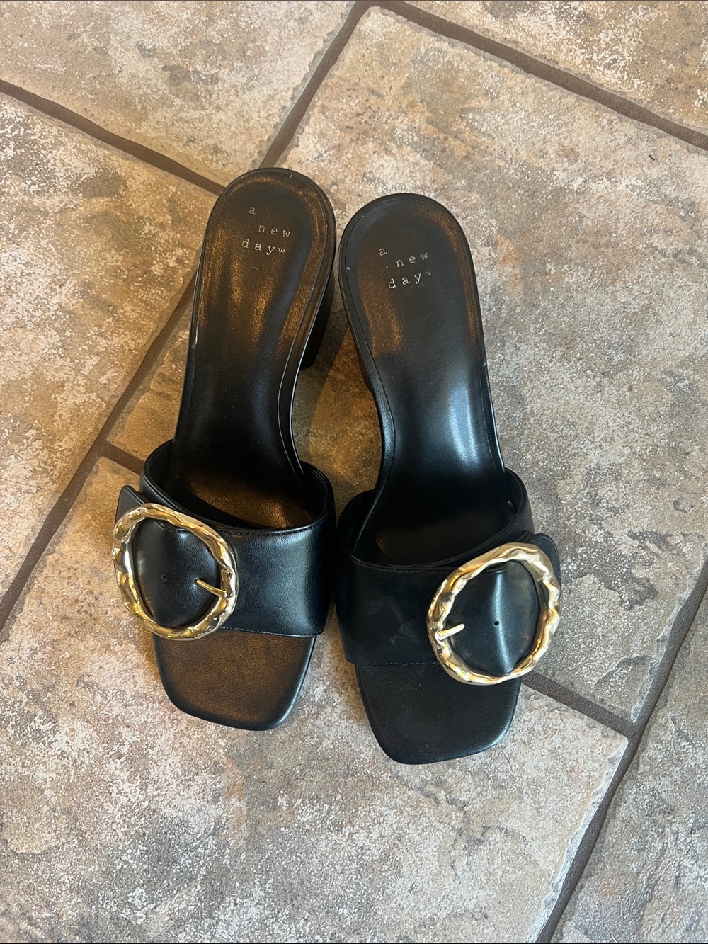 a new day Black Slide Sandals with Gold Ring Buckle